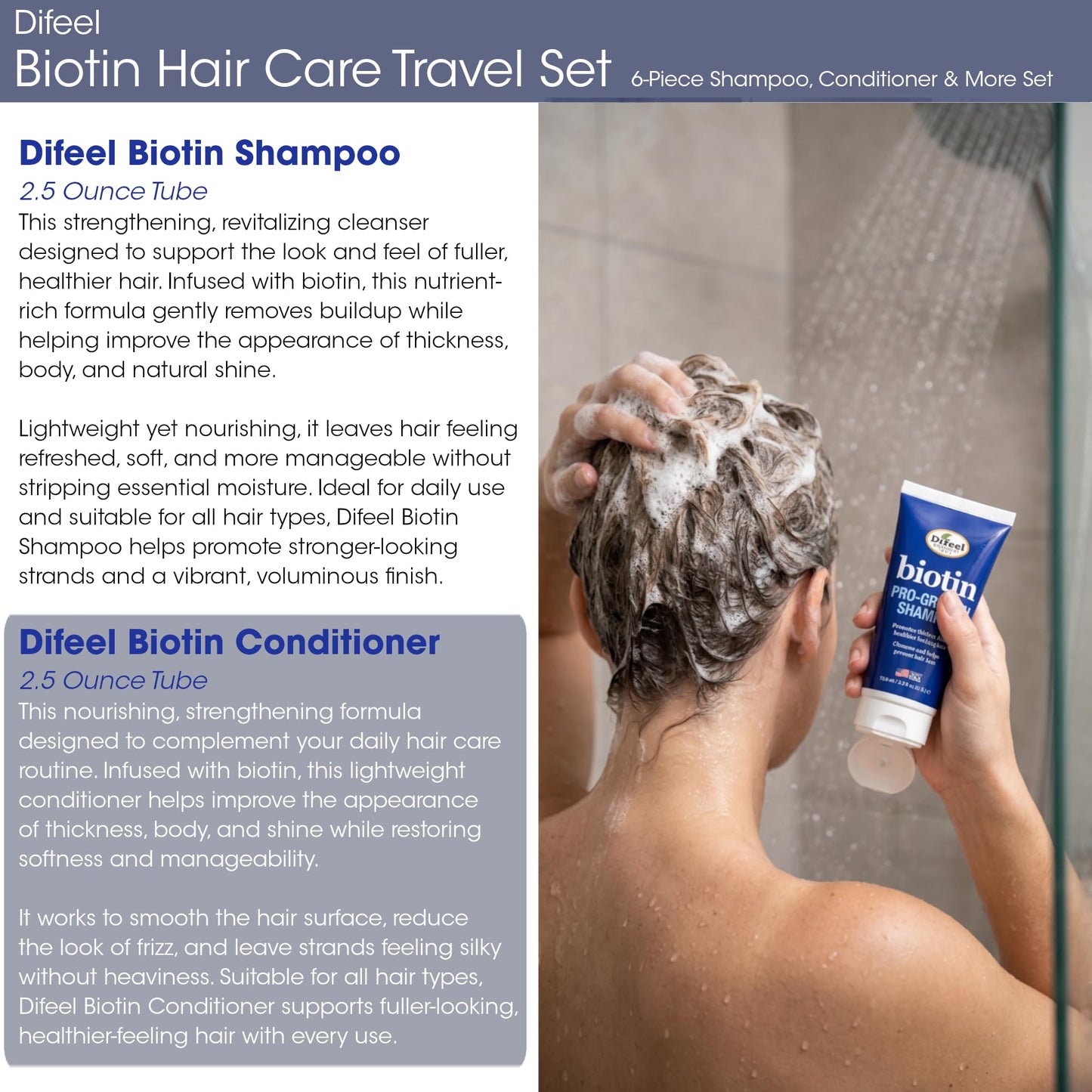 Difeel Biotin Hair Care Travel Set - 6-Piece Shampoo, Conditioner & More Collection - Travel Shampoo & Conditioner Set with Hair Oil, Hair Mask, Hot