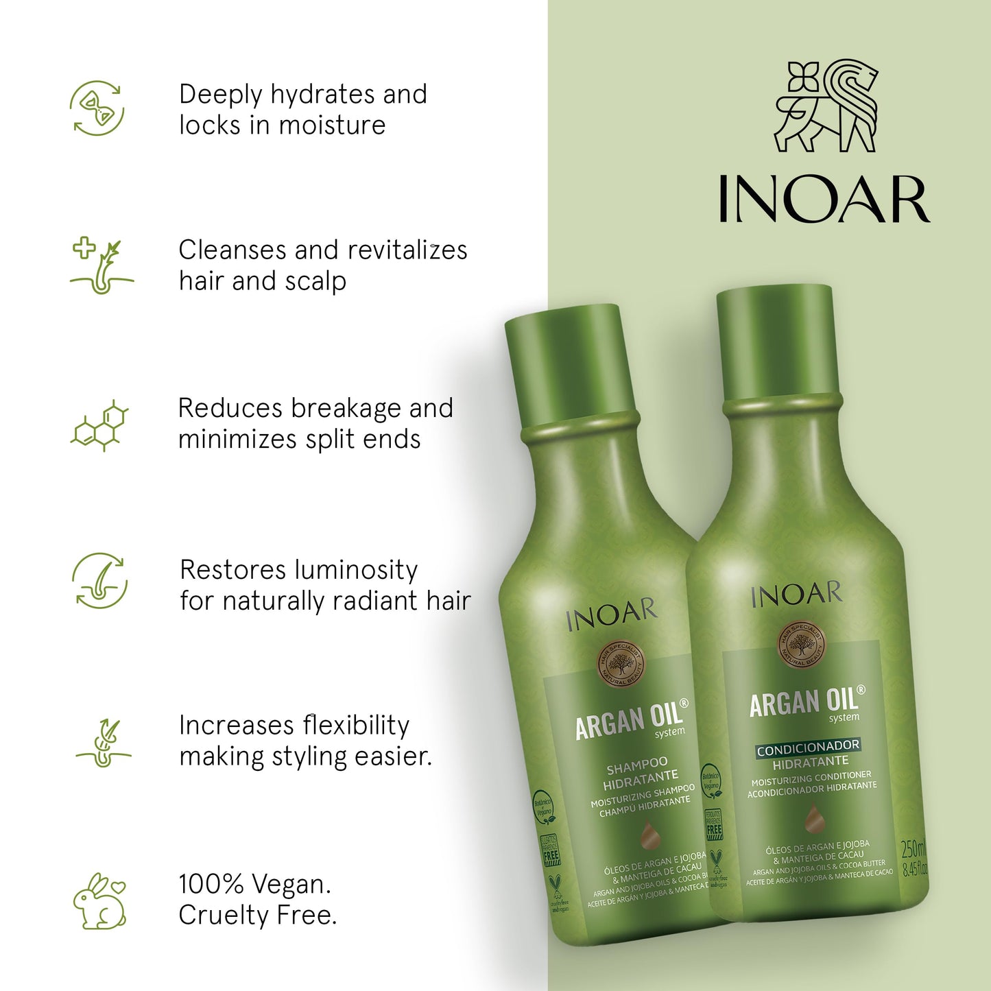 Inoar Argan Shampoo & Moisturizing Conditioner Haircare Set with Argan Oil & Cocoa Butter for Smoothing Repair, 2x250ml