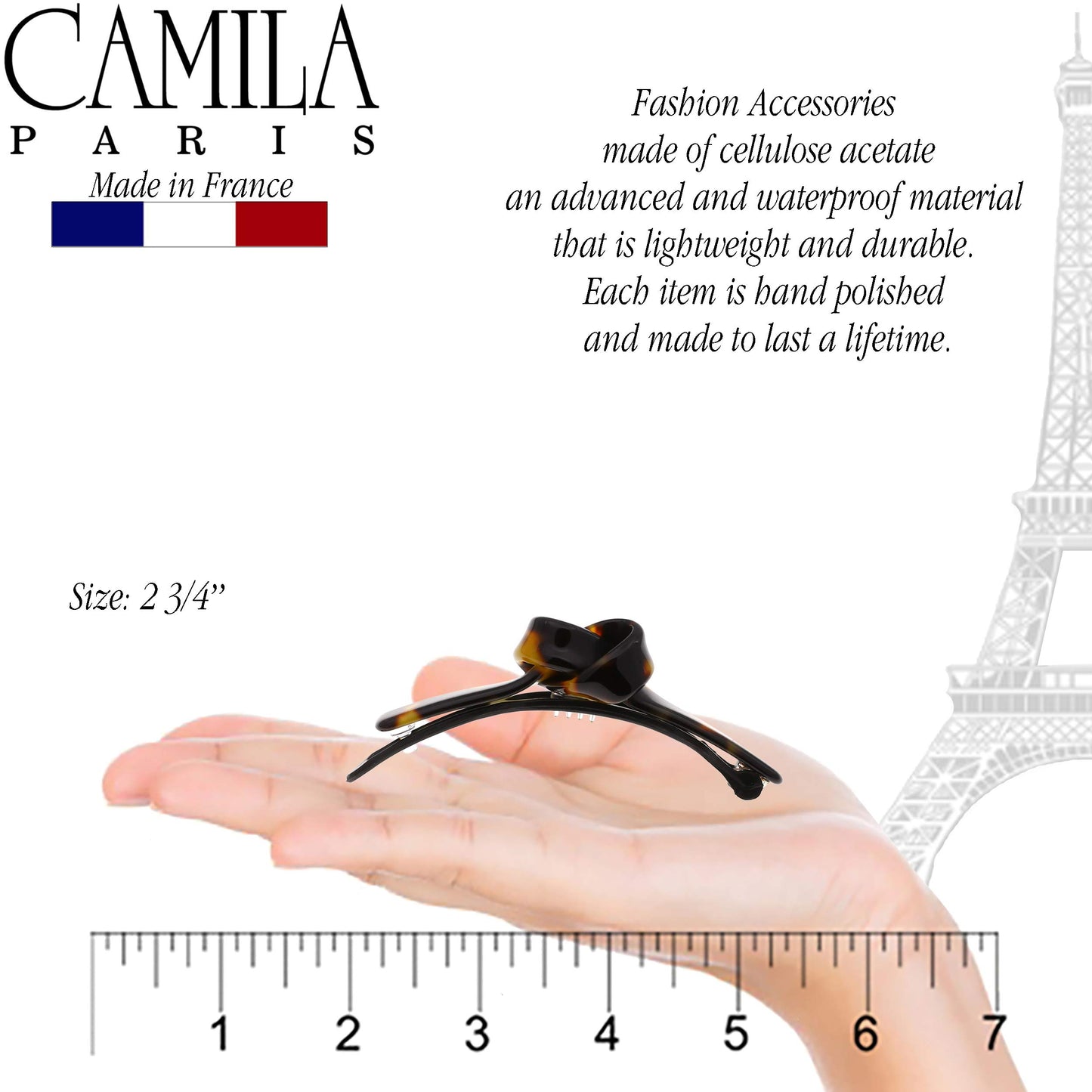 Camila Paris CP2801 French Hair Barrette Clip for Girls, Handmade, Tokyo, Metal-Free Closure Strong Hold Grip Hair Clips for Women, No Slip