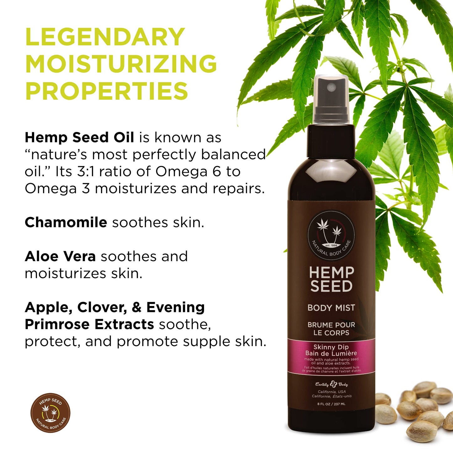 Earthly Body Hemp Seed Moisturizing Body Mist, Skinny Dip, 8 Fl Oz