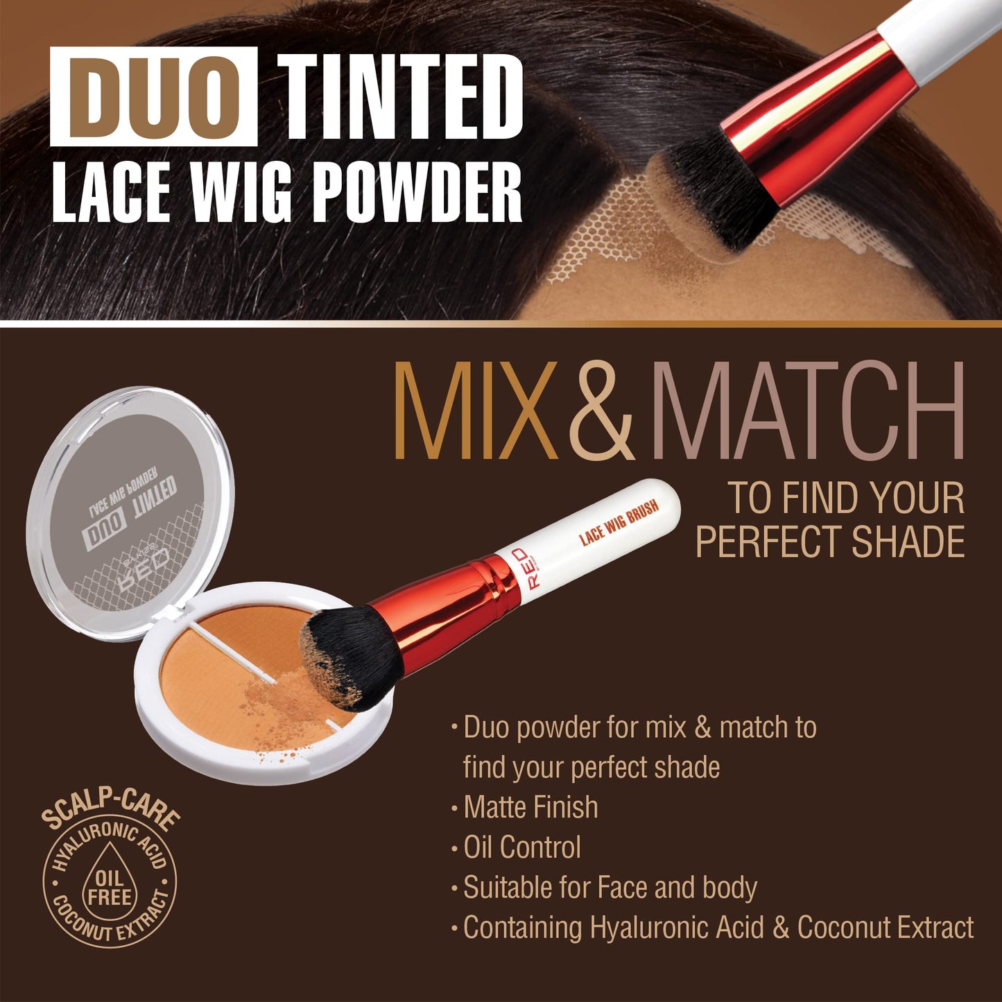RED by Kiss Lace Wig Brush Tinted Powder Set - Matte Finish, Oil Control, Lightweight, Long-lasting, Mix & Match Shade Duo
