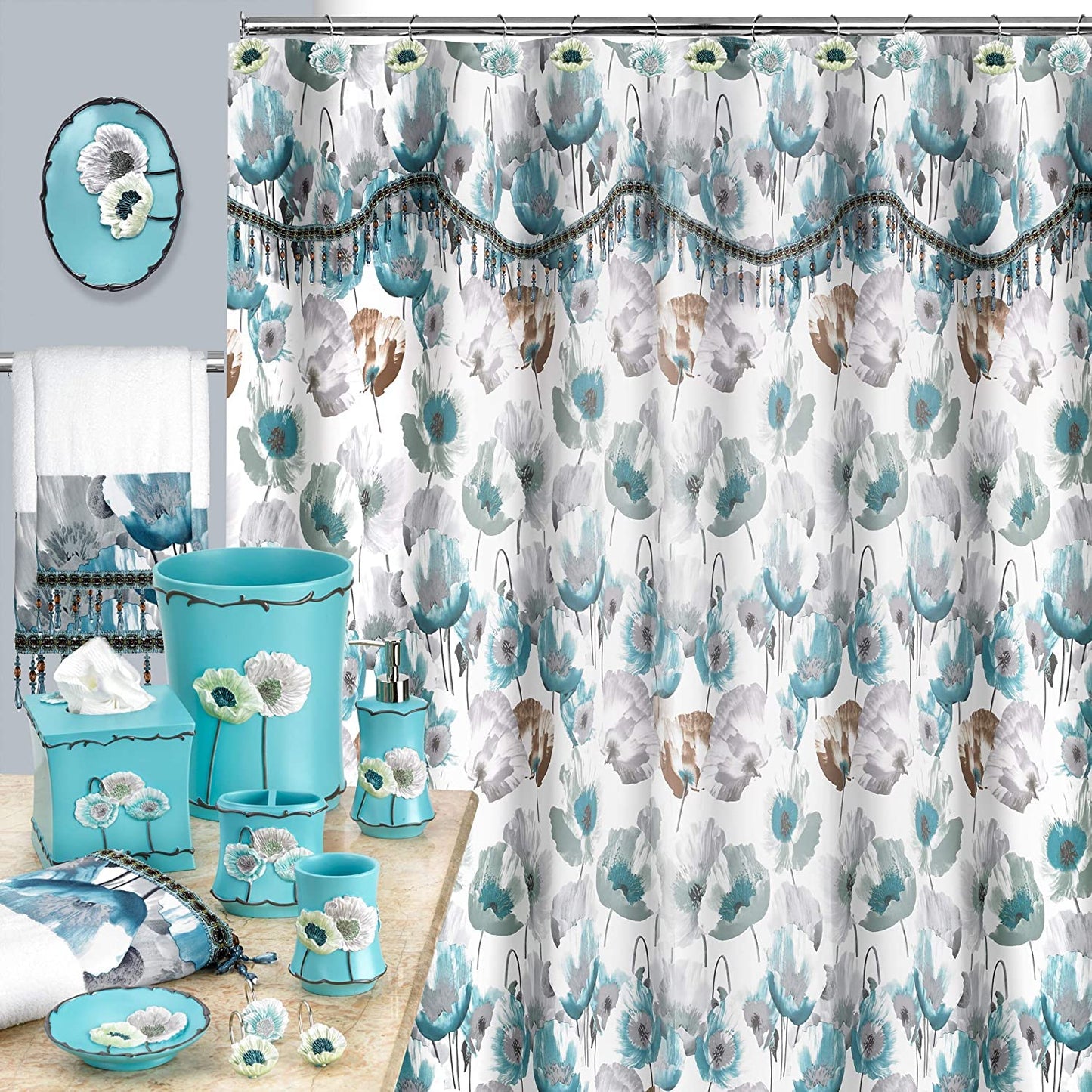 Popular Bath 959338 Poppy Fields, 3PC Towel Set, Aqua