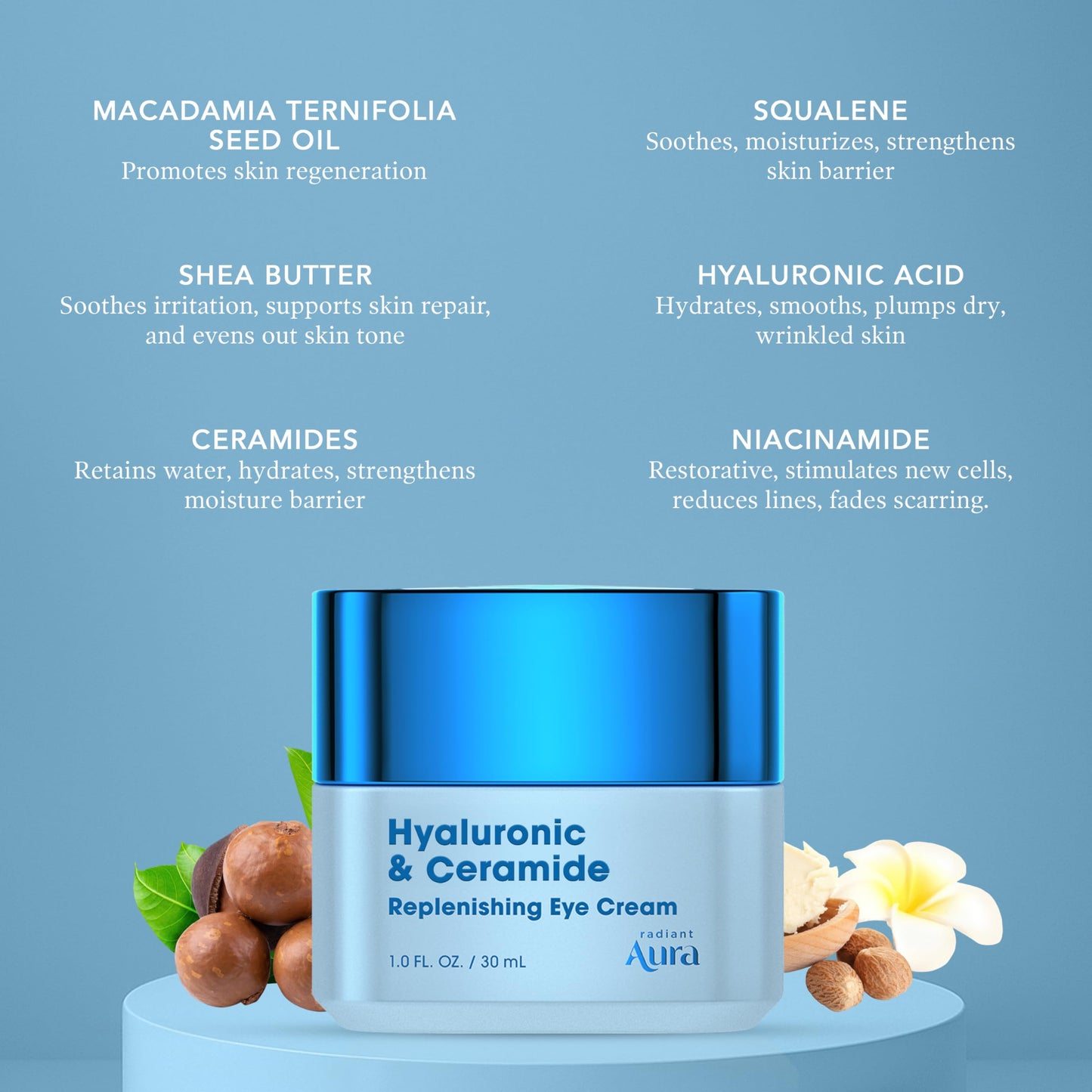 Radiant Aura Hyaluronic Acid & Ceramide Eye Cream For Dark Circles - Dermatologist Tested, Anti Aging Korean Skin Care - Deep Hydration & Depuffing