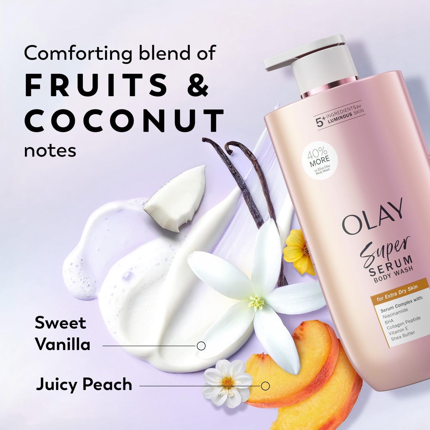 Olay Super Serum Body Wash for Extra Dry Skin, 24hr Long Lasting Hydration, 5+ Ingredient Complex for Bright Even Firm Luminous Skin, 28 fl oz