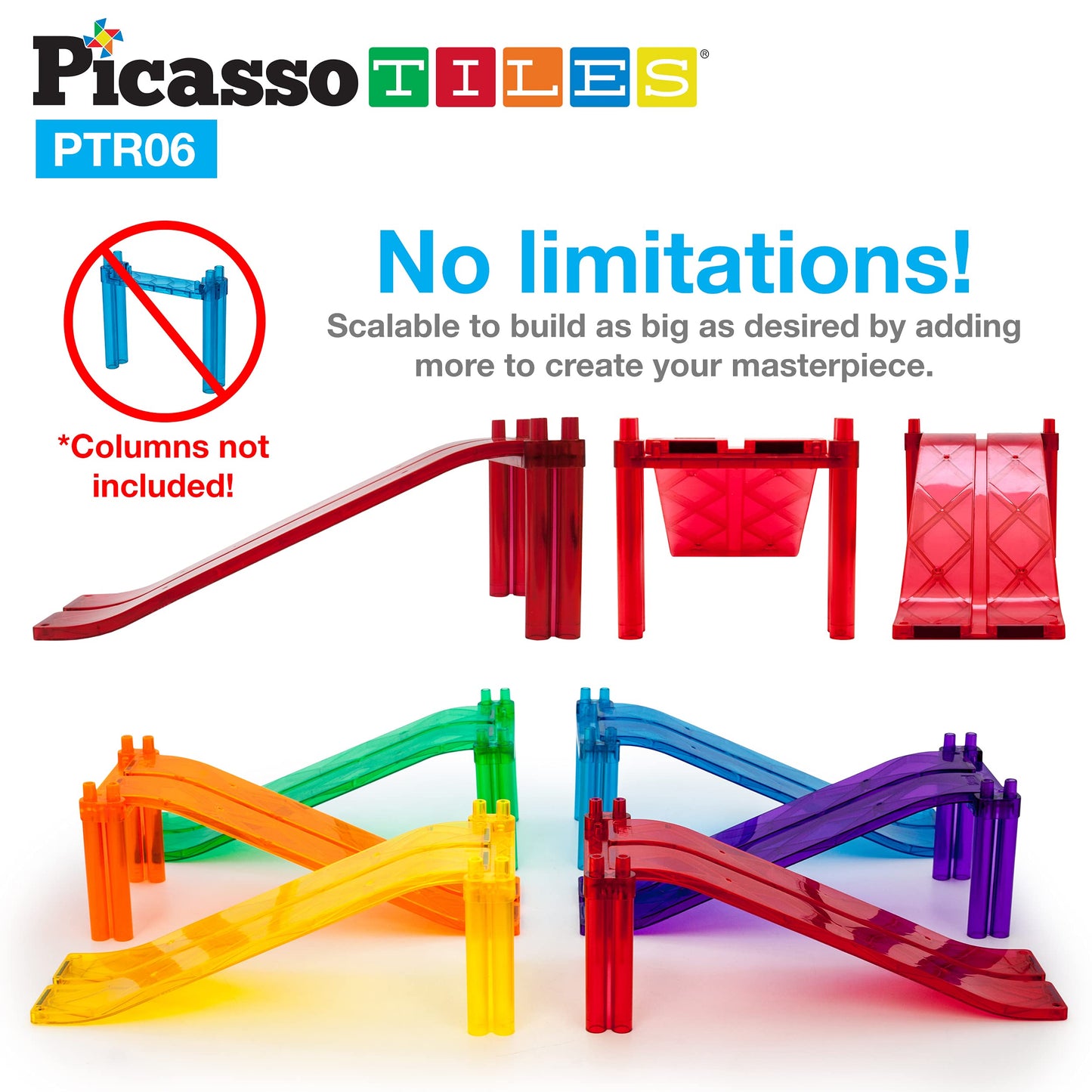 PicassoTiles 6pc Magnetic Race Track Ramp Set – STEM Magnet Tile Accessories for Kids Construction Playset, Educational Toy PTR06