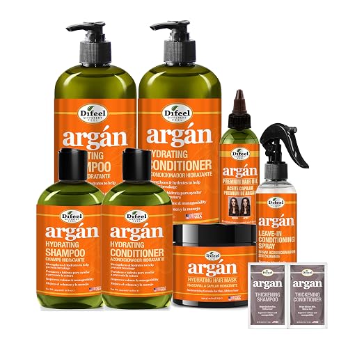 Difeel Argan Hydrating Shampoo & Conditioner Collection - 8 Piece Set, Includes Hair Oil, Mask, Leave in Spray, Travel Size - Sulfate Free, Paraben
