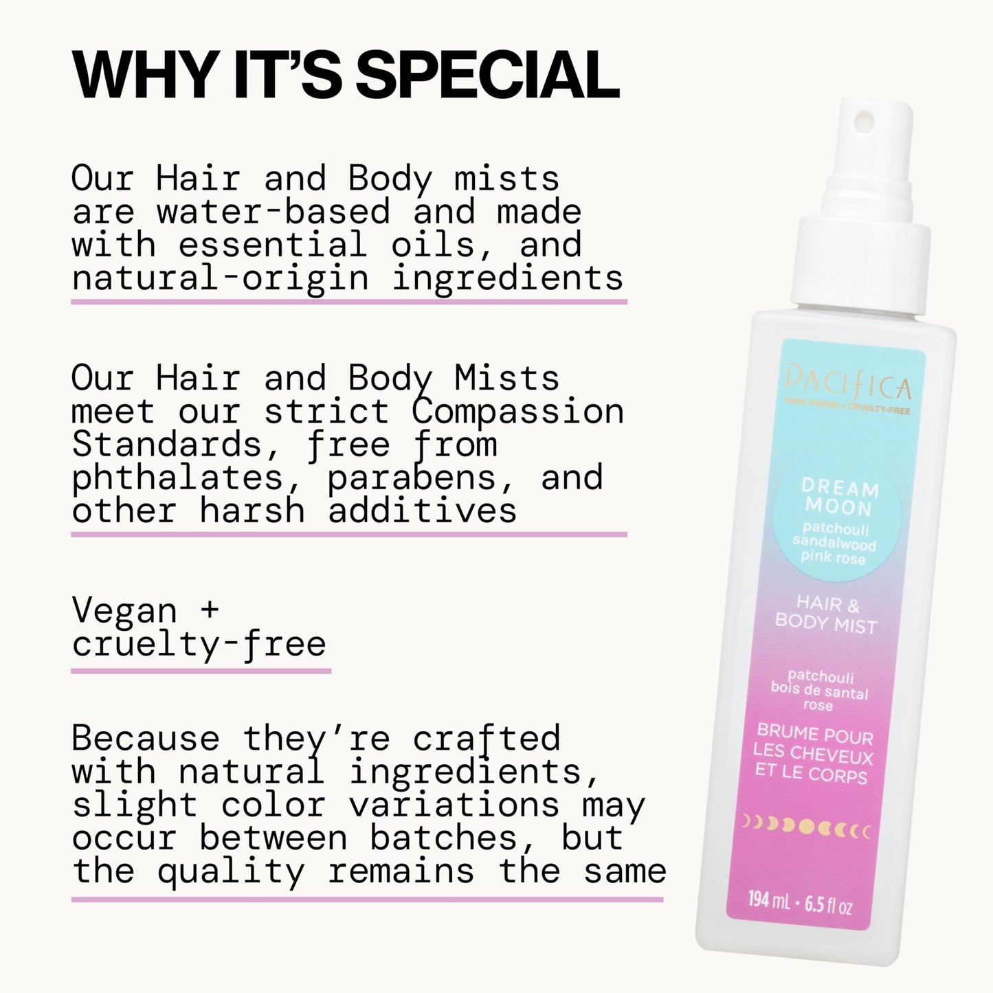 Pacifica Hair Perfume & Body Fragrance Spray Mist - Dream Moon with Vanilla, Almond & Spices - Alcohol-Free, Vegan & Cruelty-Free, 6.5 oz