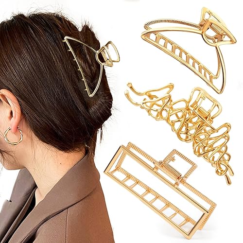 Mehayi 3 PCS Large Gold Metal Hair Claw Clips for Women Girls, Cute Alloy Big Hair Clamps Strong Hold for Thick Thin Hair, Fashion Hair Accessories