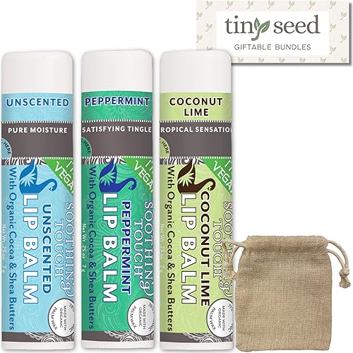 Vegan Lip Balm Set - Variety Pack of 3 Soothing Touch Lip Balms. Large 0.25 oz size. Includes Bonus Muslin Pouch (3 x 4 in). Unique Gift Bundle from