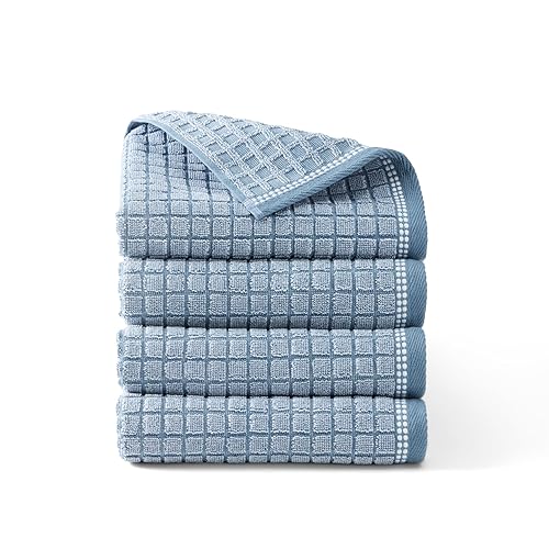 Town & Country Everyday 4-Piece Textured Windowpane Hand Towel Set, 20x30-Inch, 100% Cotton, Plush & Absorbent 550GSM, Blue