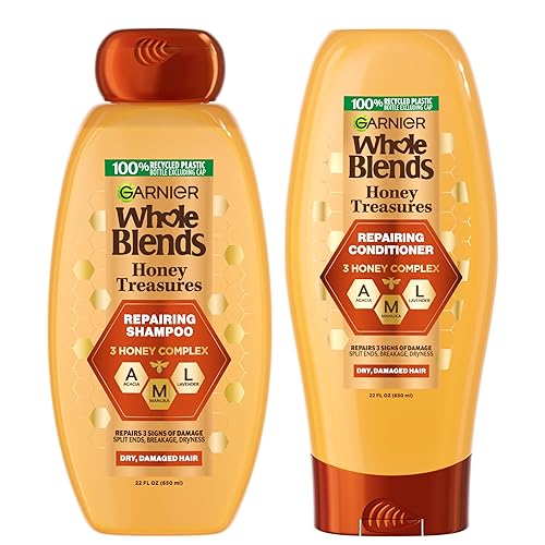 Garnier Whole Blends Honey Treasures Repairing Shampoo and Conditioner Set for Dry, Damaged Hair, 22 Fl Oz (2 Items), 1 Kit (Packaging May Vary)