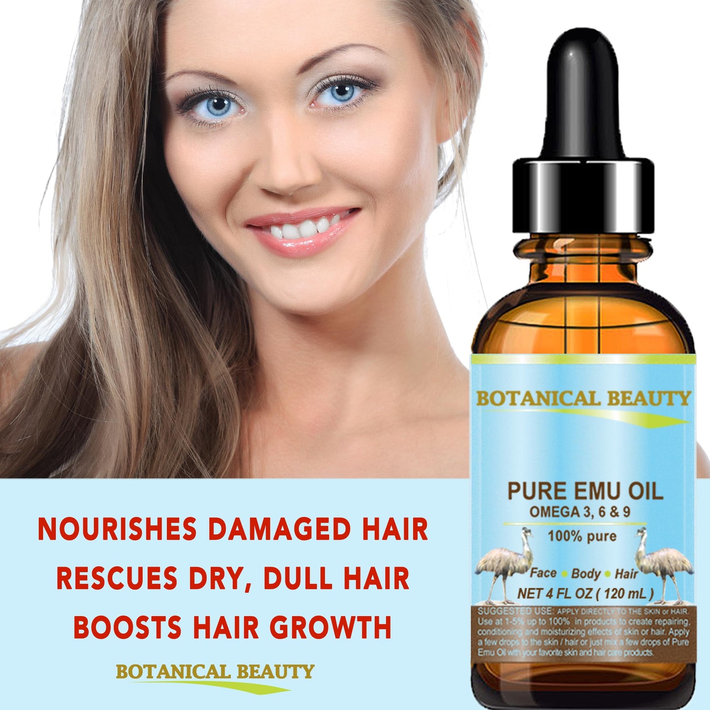 Botanical Beauty PURE EMU OIL 100% Natural UNREFINED for FACE, SKIN, BODY, HANDS, FEET, NAILS, HAIR, LIP CARE 1 Fl. oz. - 30 ml