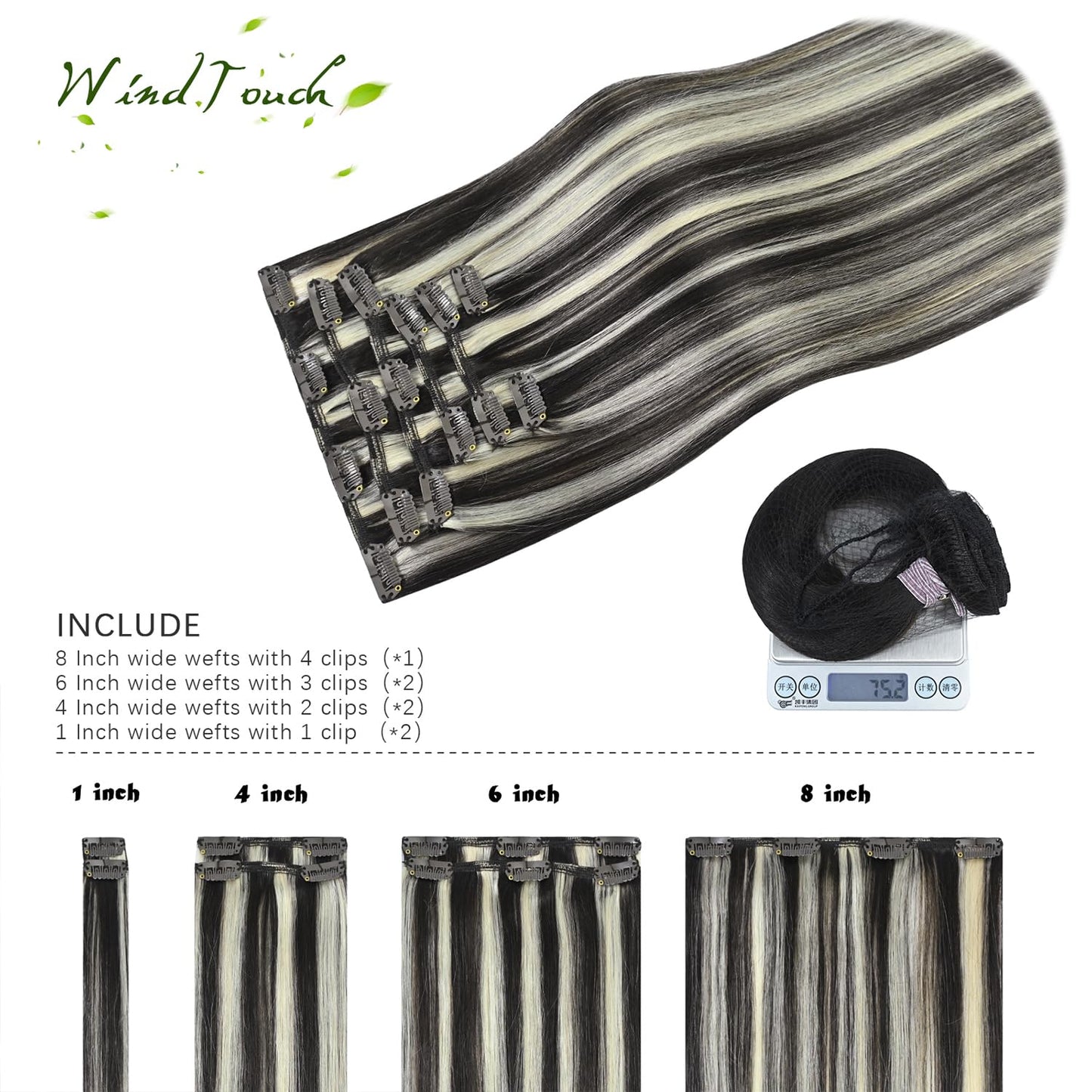 WindTouch Clip In Hair Extensions Human Hair Dark Brown to Blonde Balayage Highlights for Brown Remy Hair 18Inch 75g #2P613 7PCS