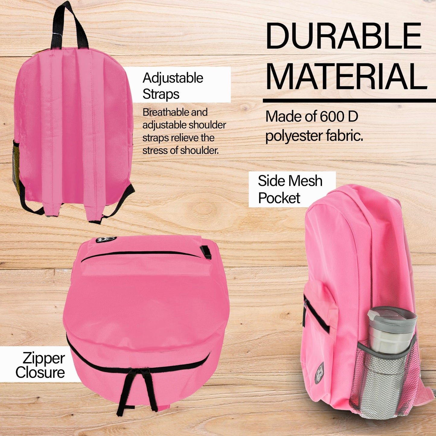 BAZIC School Backpack 16" Fuchsia, Lightweight School Bag Padded Back & Adjustable Strap for Students, Travel Bag Fit A4 Notebook, 1-Pack