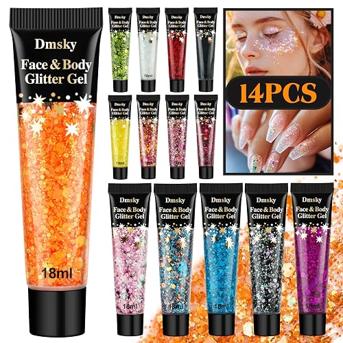 14 Colors Body Glitter,Face Glitter Makeup for Kids Women,Sparkly Chunky Hair Glitter for Eye Lip Nails,Mardi Gras Glitter Makeup Face Paint,Singer