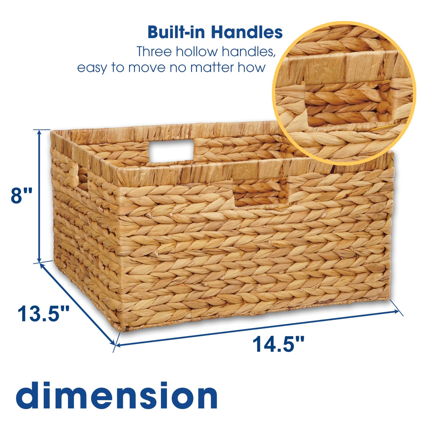 Large 14.5” x 13.5” x 8” (Set of 3) Natural Water Hyacinth Woven Storage Baskets, Rectangular Wicker Basket with Built-in Handles, Large (Natural)