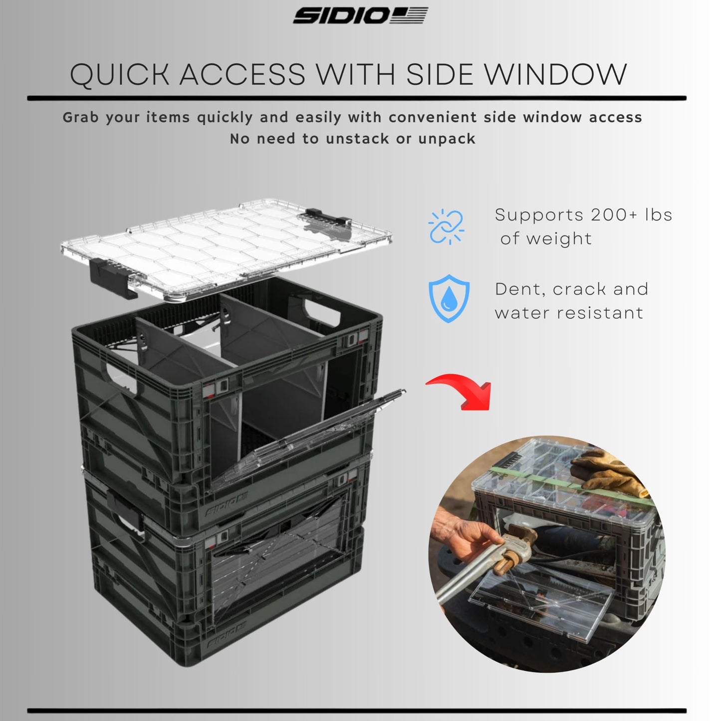 SIDIO Full-Size Collapsible Crate - Heavy Duty Stackable Storage Bin with Lid & 2 Short-Ways Dividers, Durable Plastic Organizer for Home, Office…