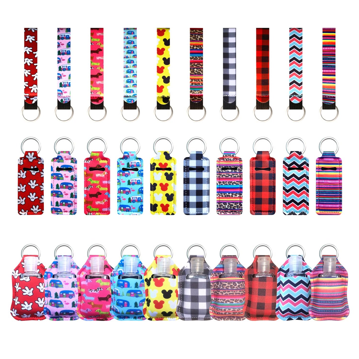 PUEZOKLY 40pcs Travel Bottles Key chain Set with Wristlet Chapstick Holders keychain Hand Sanitizer Holder Keychain with Empty Bottles