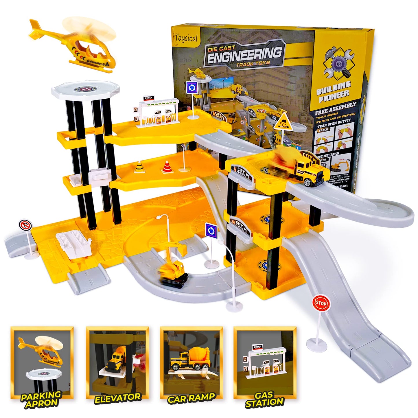 Toysical Construction Playset – Parking Garage with Vehicles, Helicopter, Figures, Road Setup & Floor Map – Construction Toys for Boys & Girls Ages 4-6