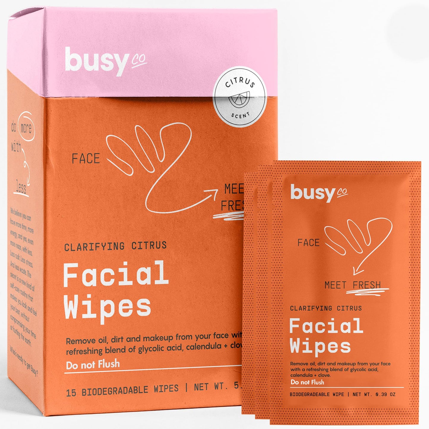 Refresh Face Wipes - Individual Cleaning Facial Wipe Singles- Moist Towelettes Individually Wrapped - After Workout & Travel - Fresh Citrus - AHA/BHA