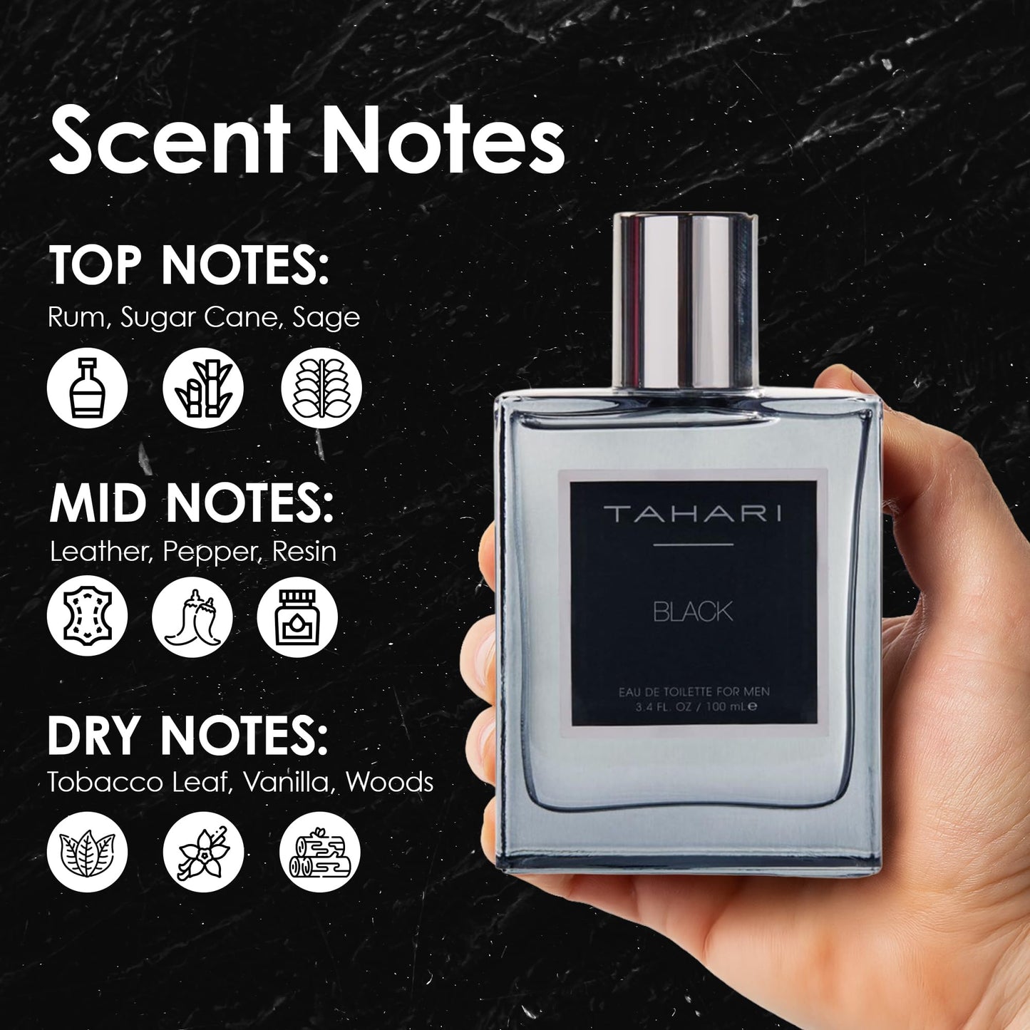 TAHARI Black Eau de Toilette for Men - Long-Lasting Luxury Cologne with Rum, Leather & Tobacco Scent - Bold, Rich Unforgettable Men’s Fragrance Spray