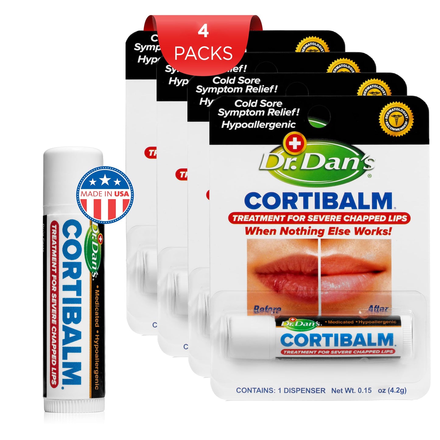 Dr. Dan's Cortibalm- 4 Pack- for Dry Cracked Lips - Healing Lip Balm for Severely Chapped Lips - Designed for Men, Women and Children - 4 Pack