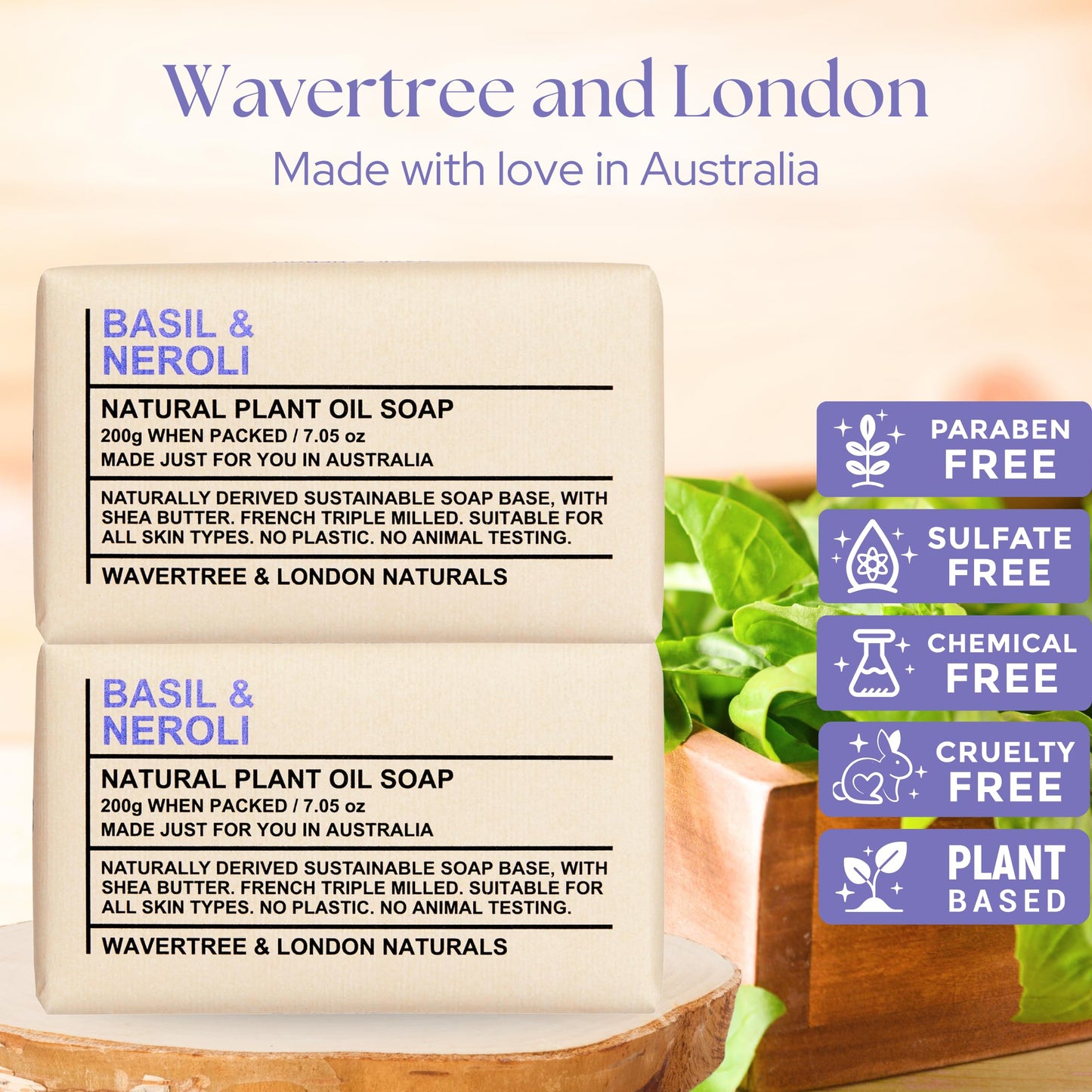 Wavertree & London Basil & Neroli Scented Natural Soap Bars (2 Bars), 7oz Moisturizing French Triple Milled Soap enriched with shea butter - Plant Oil