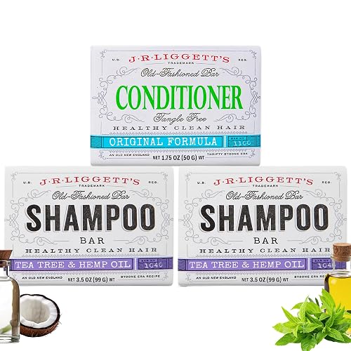 J.R.LIGGETT'S Tea Tree Formula Shampoo Bar and Conditioner Bar 3-Pack, All-Natural, Plant-Based Solid Hair Care Set, Sulfate-Free, 2 x 3.5 oz Shampoo