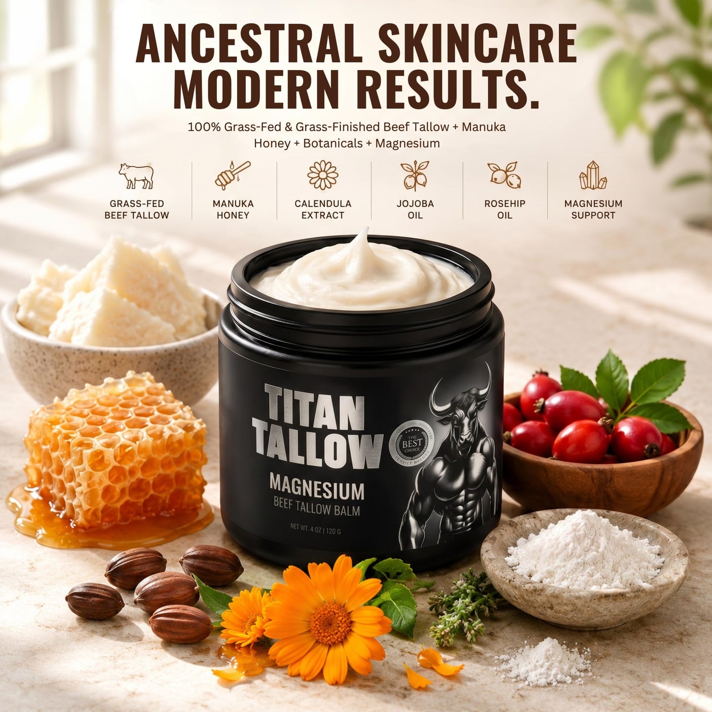 Titan Tallow Balm for Face and Body with Magnesium - Grass-Fed, Grass-Finished Beef Tallow Moisturizer with Manuka Honey, Jojoba Oil, Rosehip Oil