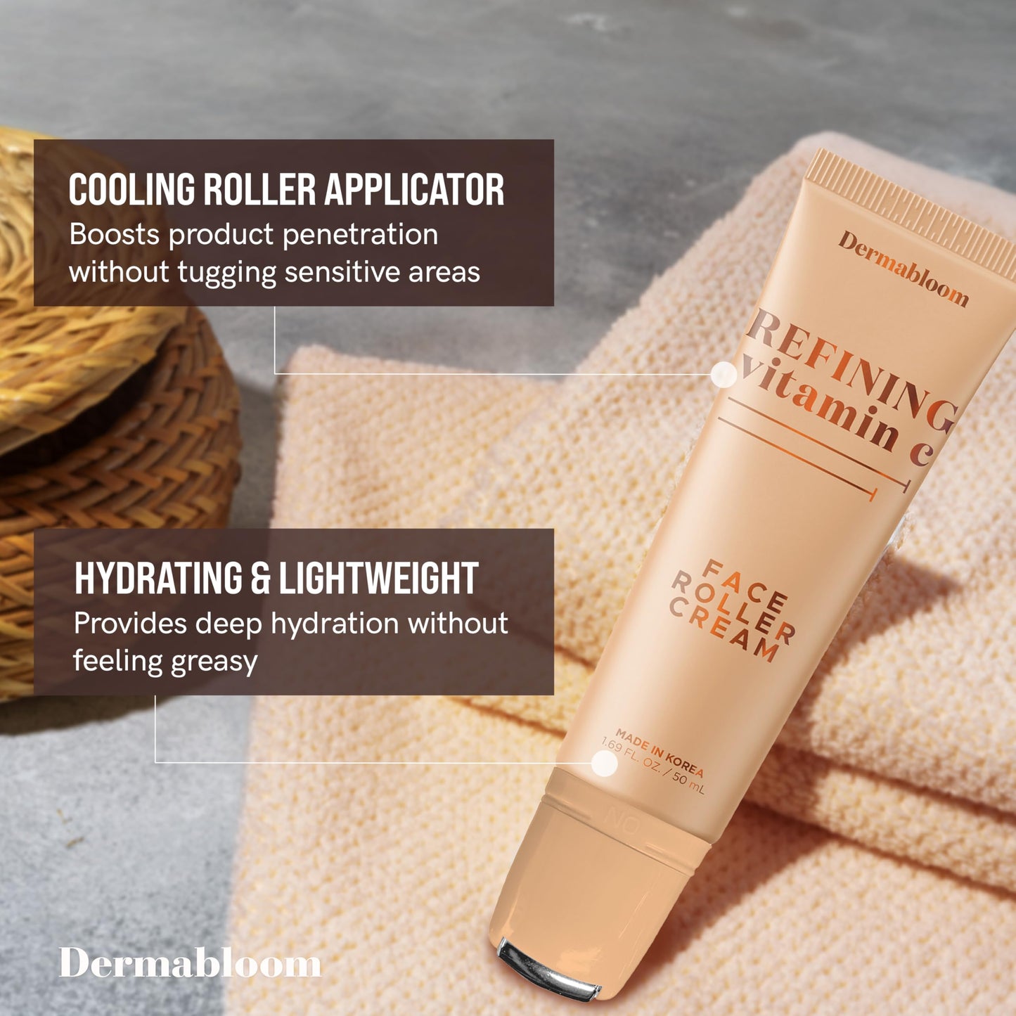 Dermabloom Vitamin C Face Roller Cream - Brightens, Firms, Hydrates For Puffy Skin & Uneven Skin Tone - Dermatologist Tested, Anti-Aging, Korean Skin