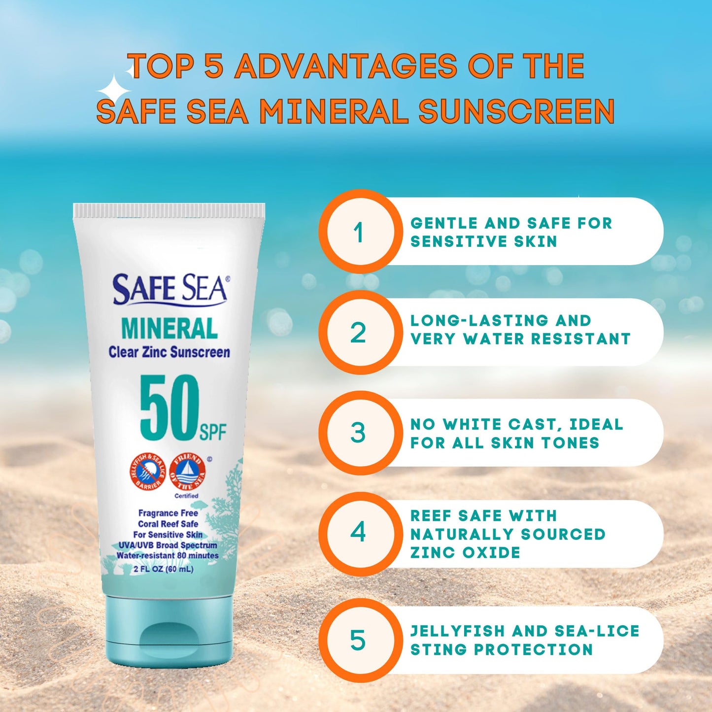 Safe Sea Zinc Oxide Sunscreen SPF50 | Clear Mineral Face Sunscreen | Anti-Jellyfish Sting Protective Lotion | Coral Reef Safe | Travel Size - 2Oz