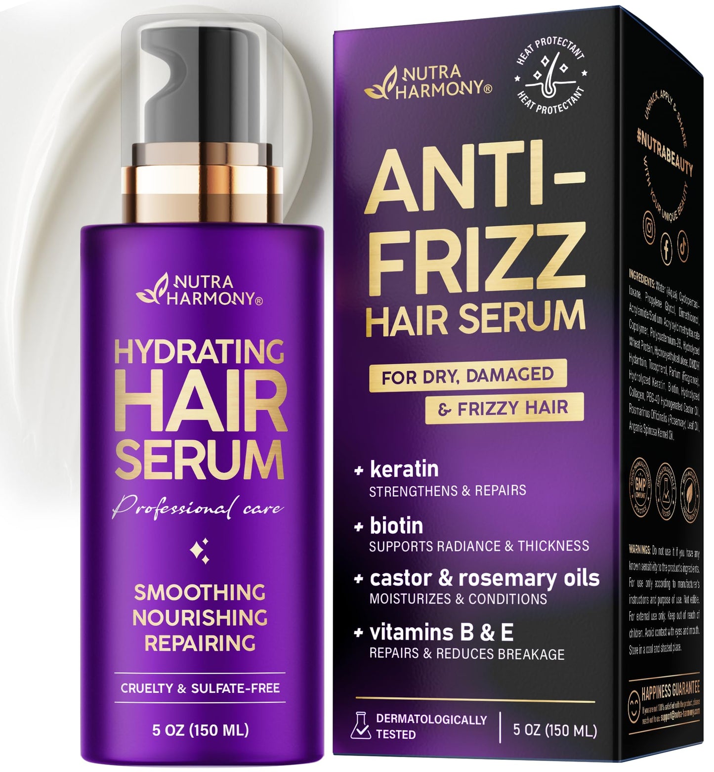 Hydrating Hair Serum for Dry & Frizzy Hair, Lightweight Leave-In Anti-Frizz Treatment, Non-Greasy Split Ends Repair with Keratin, Biotin, Castor Beauty and Personal Care NUTRAHARMONY