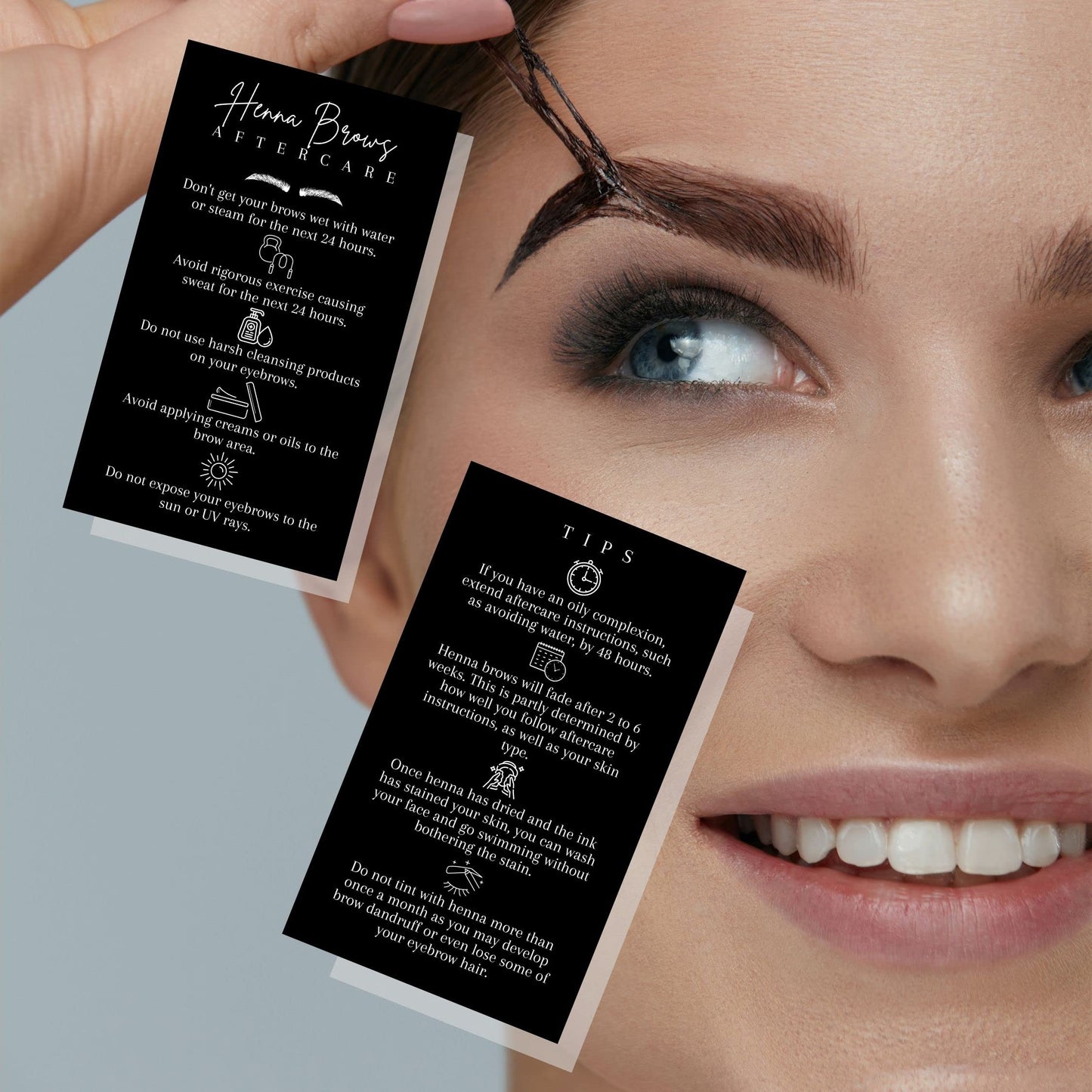 Brow Henna Aftercare & Tips Cards | Physical Printed 2 x 3.5” inches Business Card Size | Brow Artist Supplies | Henna Brow Care | Black and White