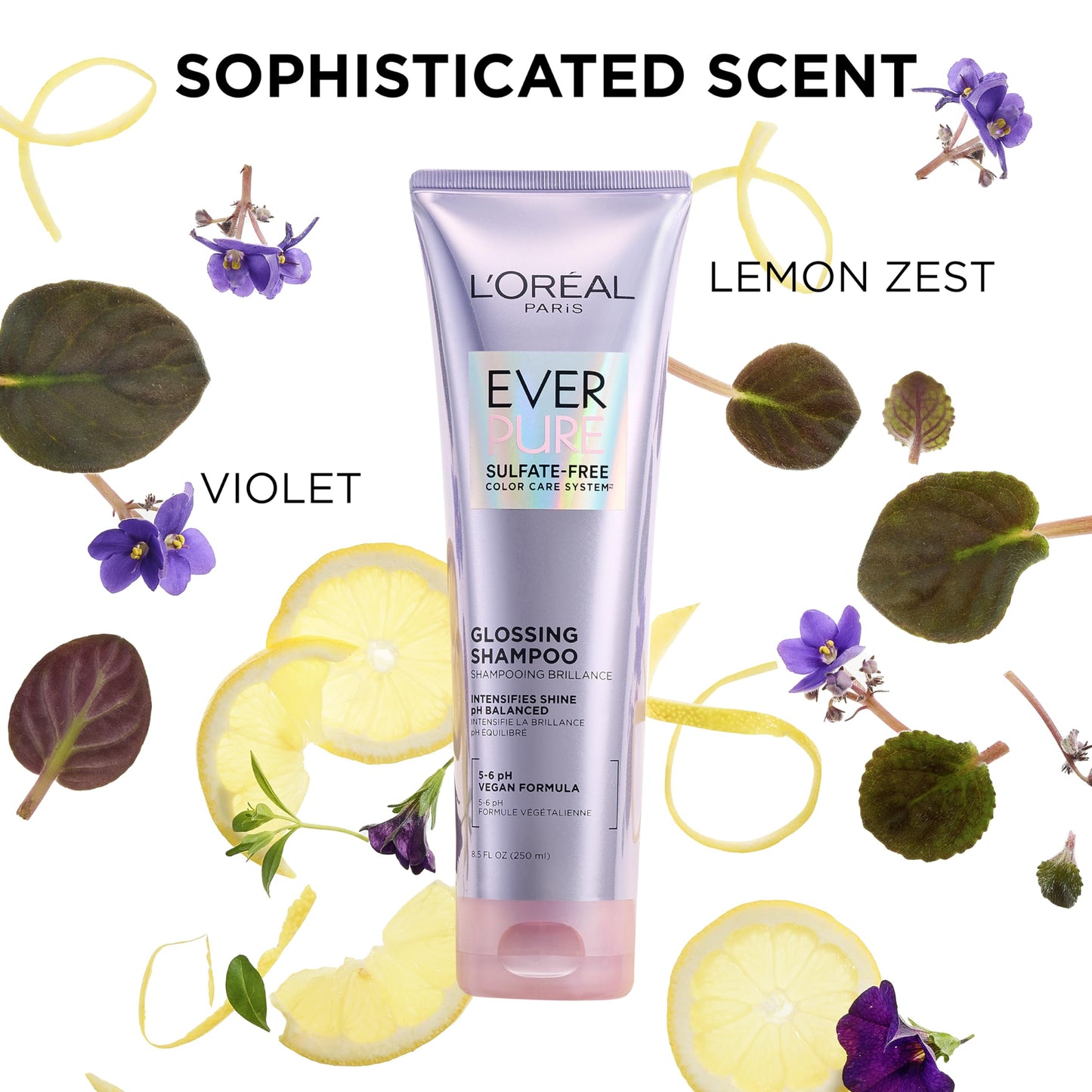 L'Oreal Paris Sulfate Free Glossing Shampoo, Intensifies Hair Shine & Smoothness, pH Balanced & Argan Oil Infused Vegan Hair Care, EverPure, 8.5 Fl Oz