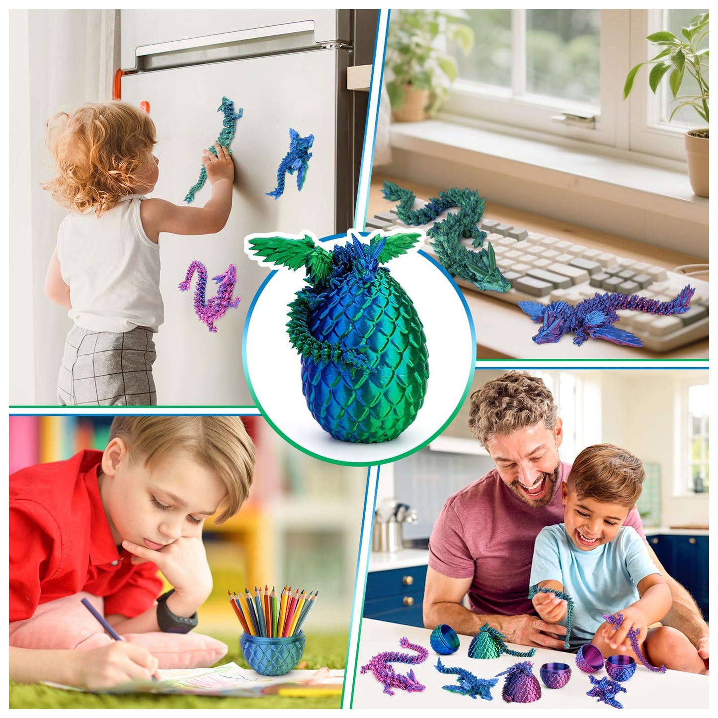 3D Printed Dragon Eggs with 4 Dragons Inside - Swappable Wing, Flexible Articulated Magnetic Dragons Animals Fidget Toy for Kids (Purple+Blue)