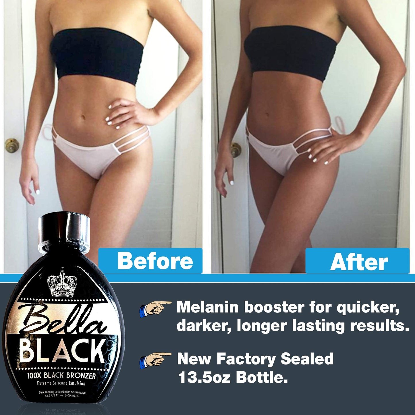 Bella Black 100X Bronzer Tanning Lotion - Premium Tanning Bed Lotion with Extreme Silicone Emulsion and Banana Fruit Extract - Instant Results - Dark