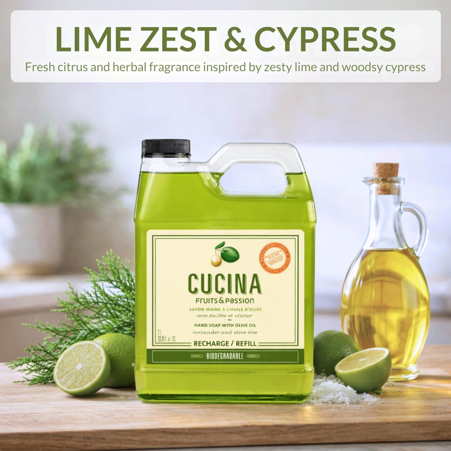 Cucina Fruits & Passion Hand Soap Refill, Lime Zest & Cypress, 1 L (33.8 fl oz), Liquid Hand Soap with Moisturizing Olive Oil, Biodegradable, Vegan