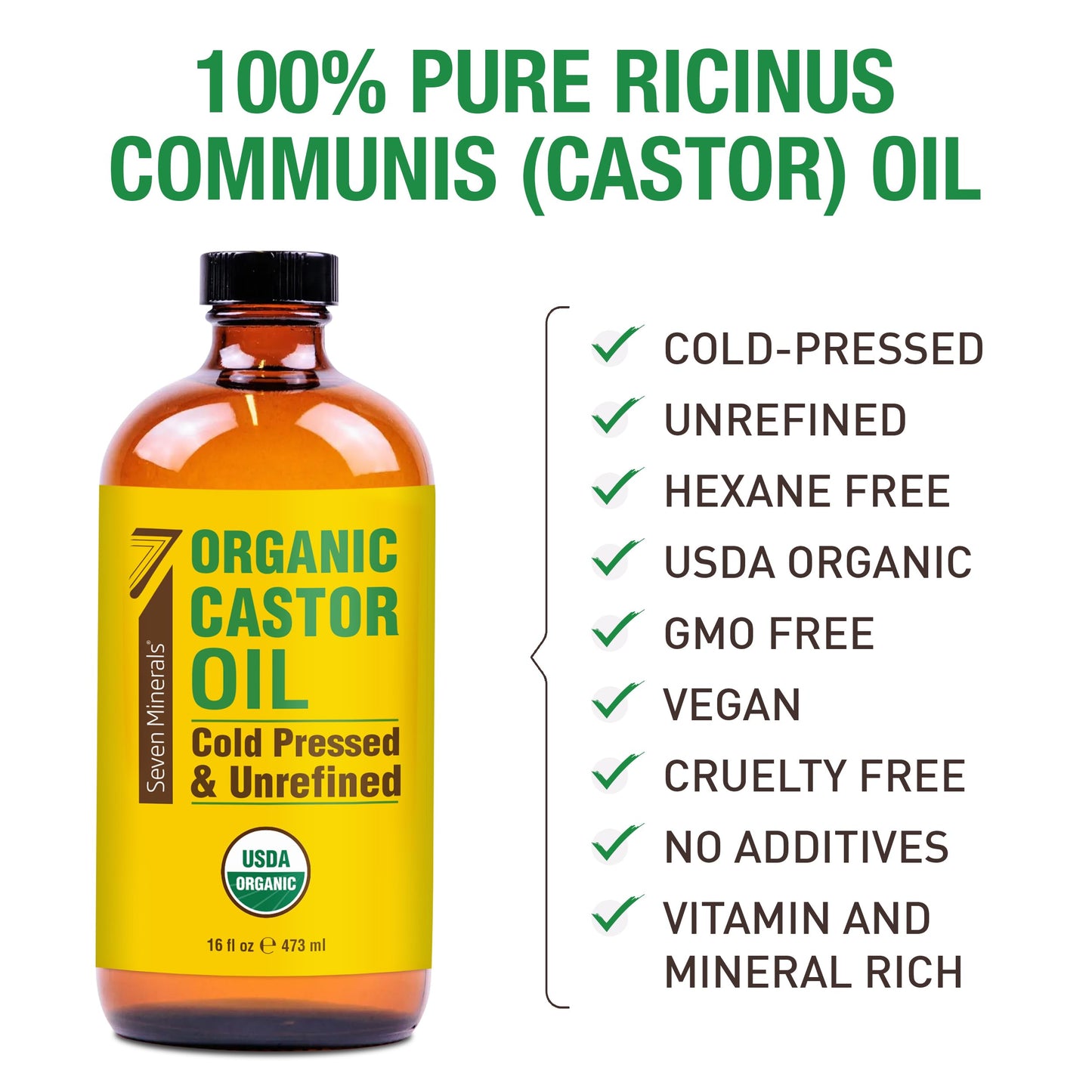 Seven Minerals USDA Organic Castor Oil - Big 16 oz Glass Bottle with Pump - 100% Pure Cold Pressed Unrefined Hexane Free - for Hair Growth, Eyelashes Beauty and Personal Care Seven Minerals