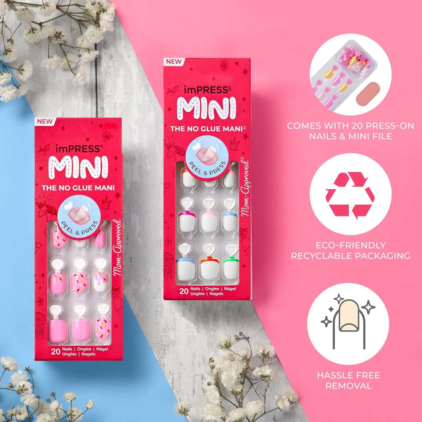 KISS imPRESS No Glue Mani Press On Nails, , 'Nail Artist Kit', Pink, Kids Size, Squoval Shape, Includes 26 Nails, 4 Sticker Sheets, 1 Mini File