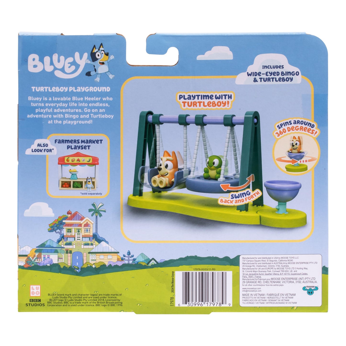 Bluey Mini Playsets, Turtleboy Playground Playset, Includes Articulated Wide-Eyed Bingo Figure and Turtleboy, Swing & Spin Together on The Playground