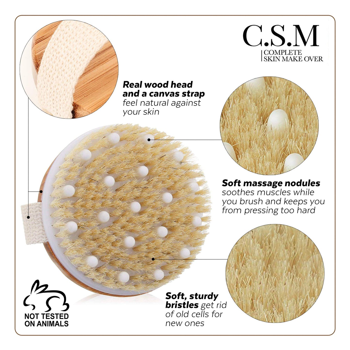 CSM Dry Brushing Body Brush for Lymphatic Drainage - Natural Boar Bristle Exfoliating Brush Set with Face Brush for Cellulite, Circulation & Glowing
