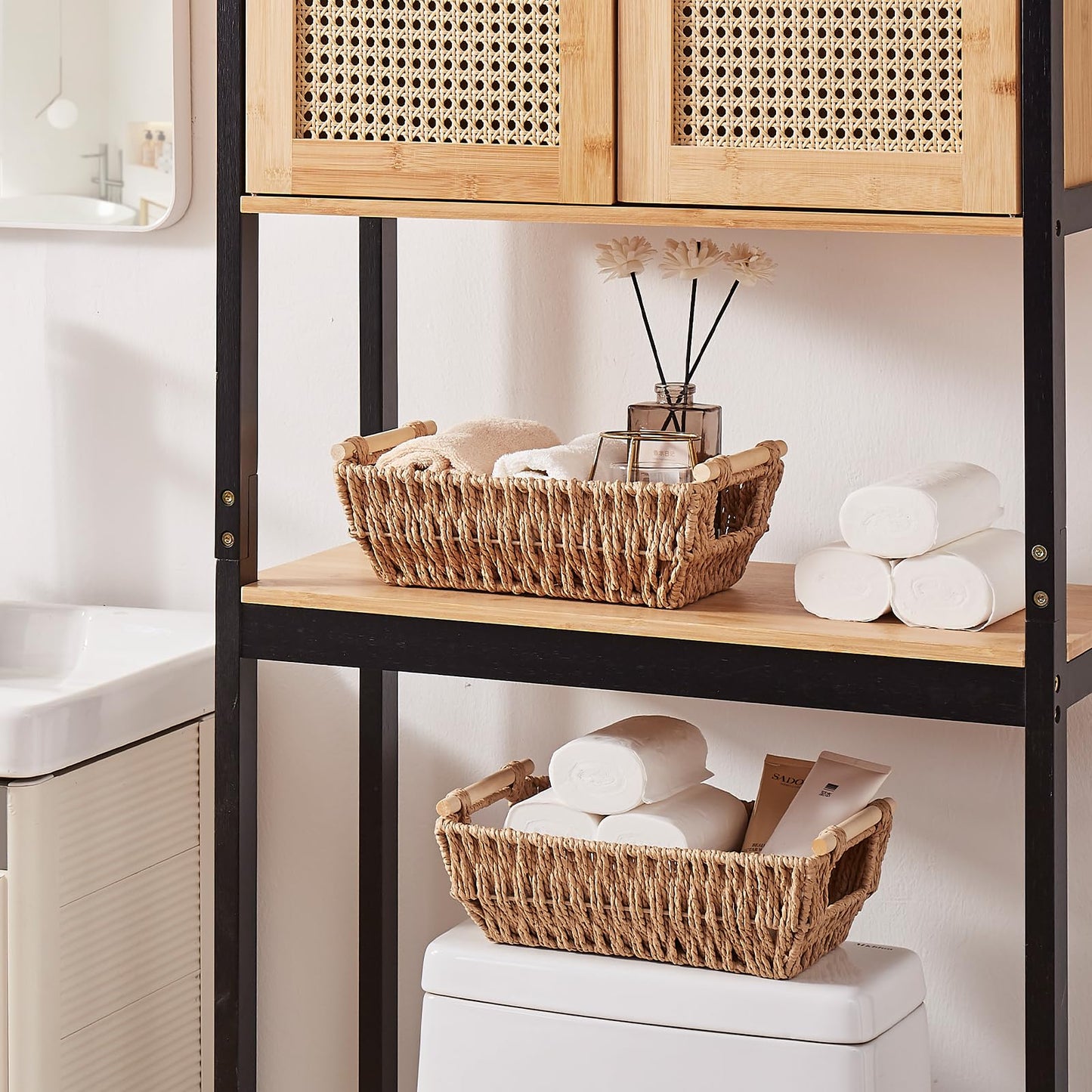 OIAHOMY Small Storage Baskets, Paper Rope Wicker Organizers with Wooden Handles, Baskets for Organizing, 2-Pack, Yellow