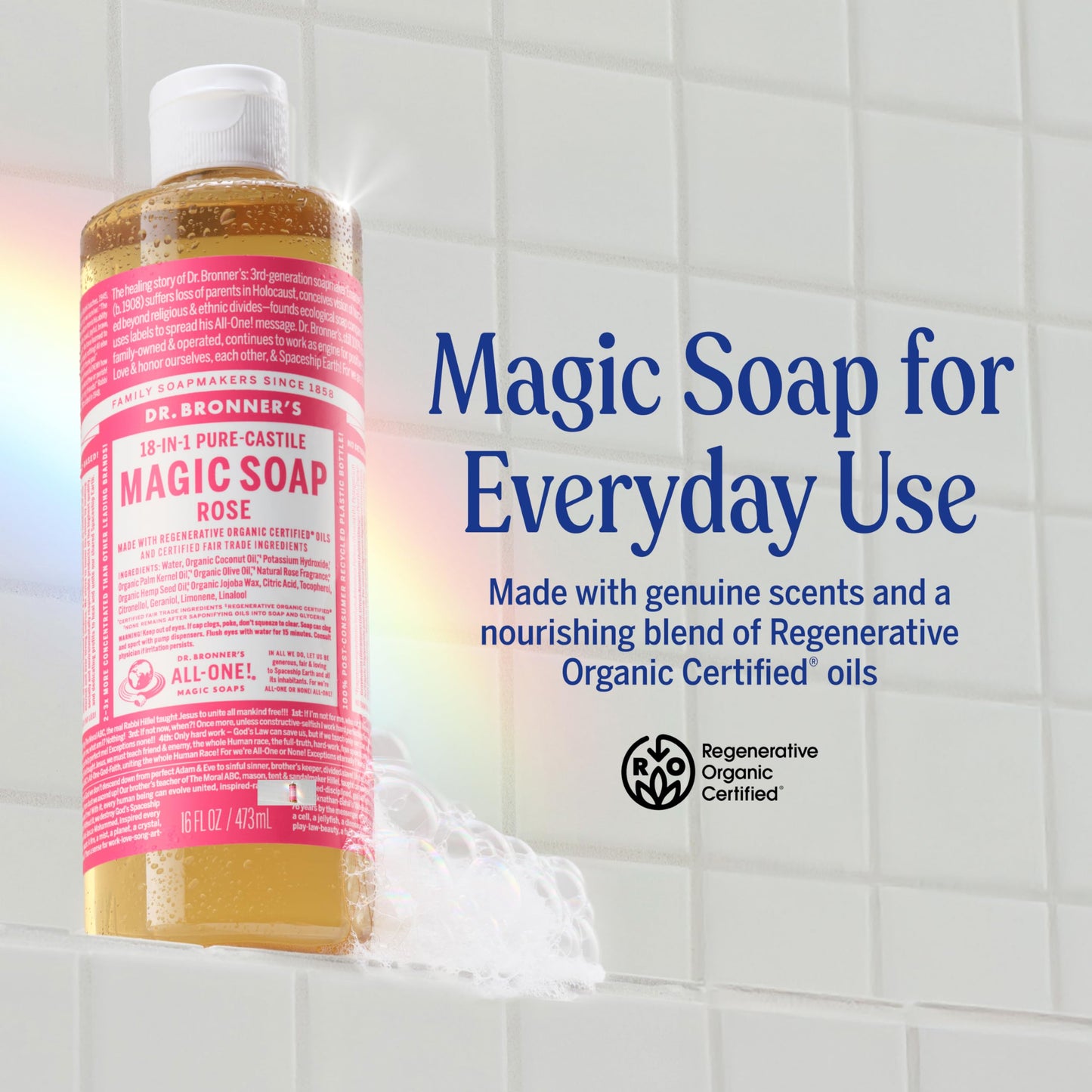 Dr. Bronner's Pure-Castile Magic Liquid Soap (Rose, 16 Ounce, 2-Pack)- Made with Regenerative Organic Certified Oils, 18-in1 Uses: Face, Hair, Hand