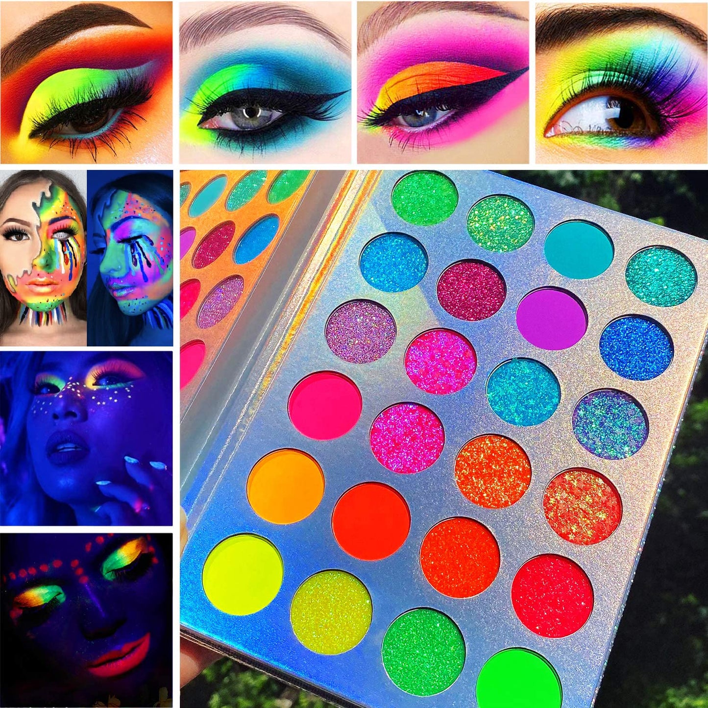 Afflano Neon Makeup Palette Eyeshadow, Glow in the Dark Colorful Eyeshadow Palette Highly Pigmented, Neon Party UV Blacklight Eye Shadow Pallet, Red