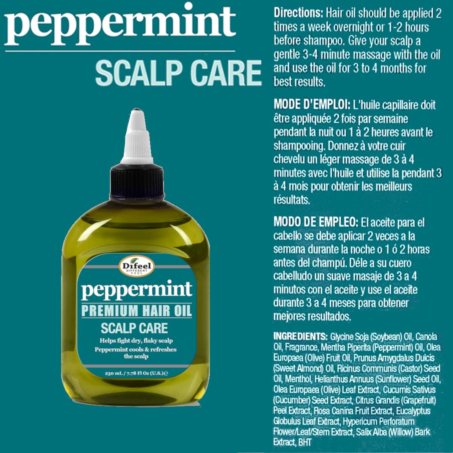 Difeel Peppermint Scalp Care 3-PC Hair Care Set - Includes Shampoo 12oz, Hair Mask 12oz, and Hair Oils 8oz