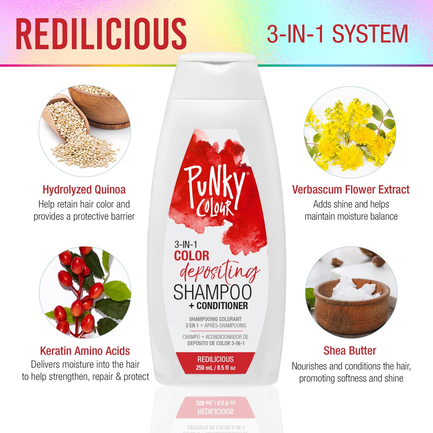 Punky Colour 3-in-1 Color Depositing Conditioner & Hair Cleanser - Redilicious, Semi Permanent Hair Color Conditioner, Cruelty-Free Hair-Dye, 8.5 fl