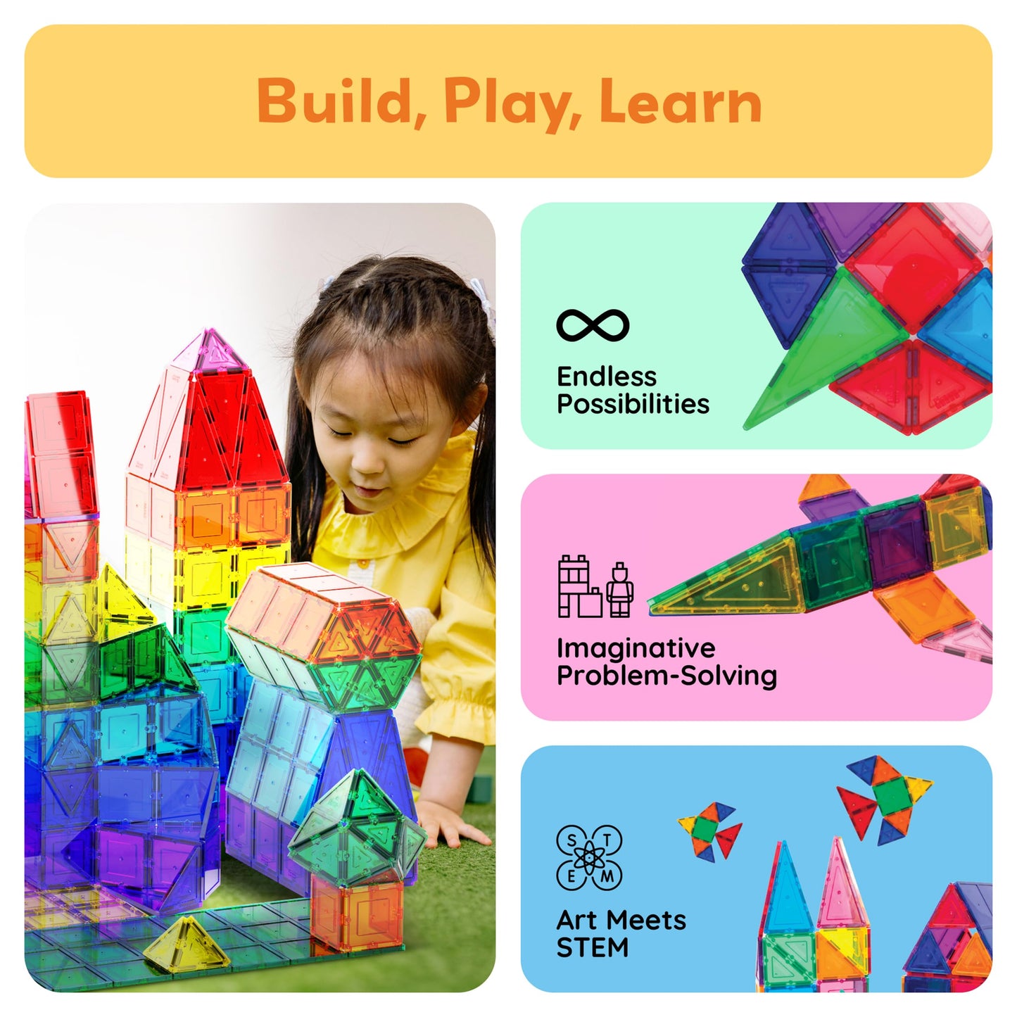 PicassoTiles 60pcs Magnetic Building Tiles – Clear 3D Magnet Blocks Construction Playset for Kids, Educational & Creative Toy Set