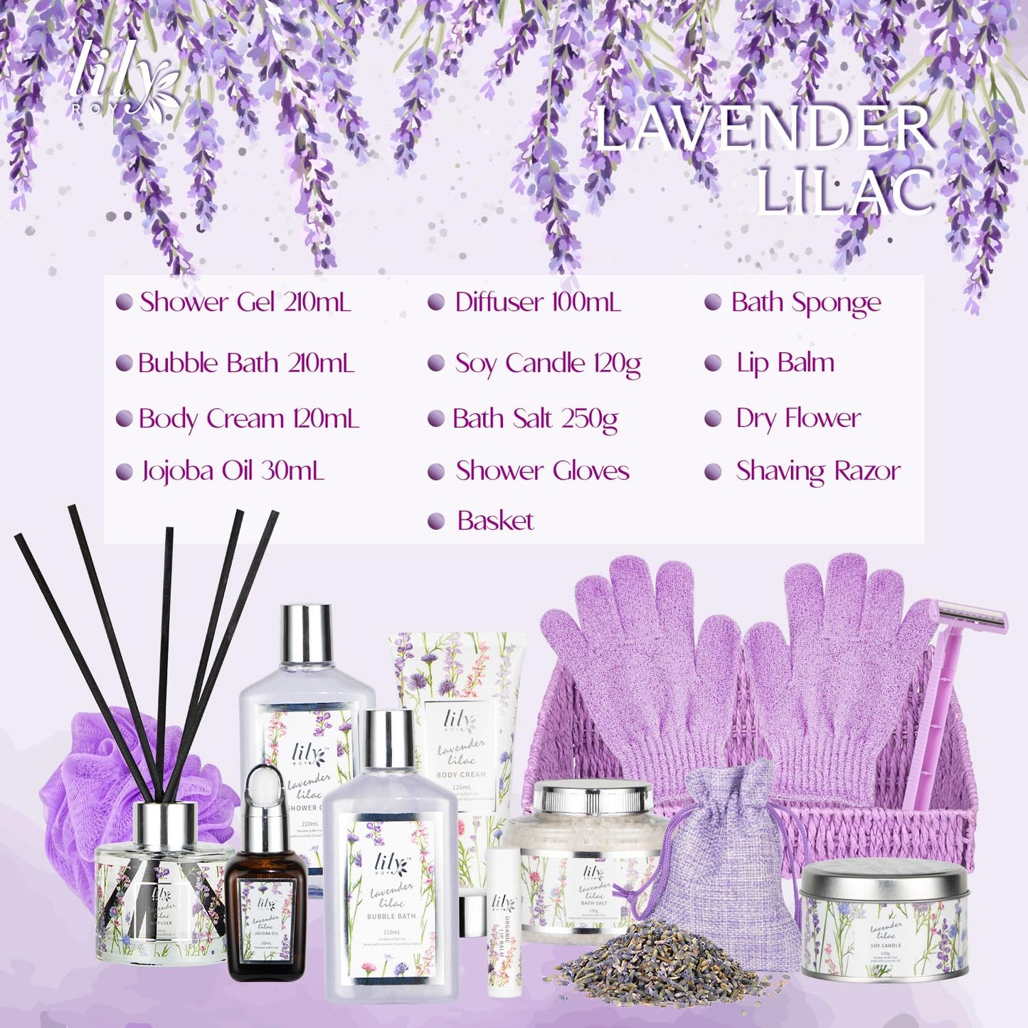 Mothers Day Gifts for Women - 15-Piece Lavender Bath and Body Gift Basket Set for Women, Spa Gift Basket, Bath Set | Birthday, Valentines Day Gifts