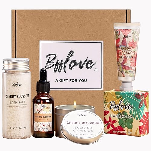 BFFLOVE Gift Set for Women - 5pcs Cherry Blossom Spa Gifts for Women, Birthday, Anniversary, Mother's Day Gifts for Her with Massage Oil, Scented