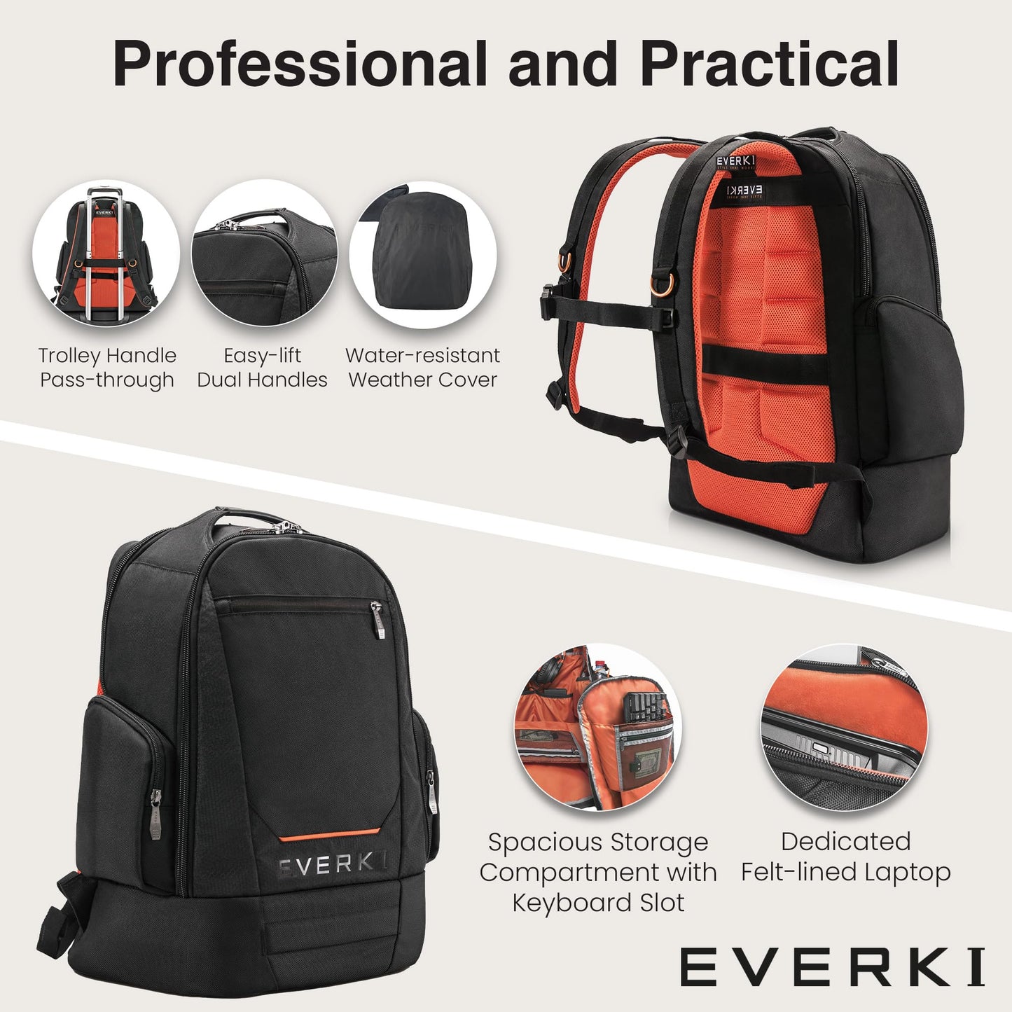 EVERKI ContemPRO 117 Laptop Backpack Fits up to 18.4” - Gaming, 42L Large Travel Backpack with Water-Resistant Rain Cover for Women & Men - Spacious Business Laptop Bag - Black (EKP117B)